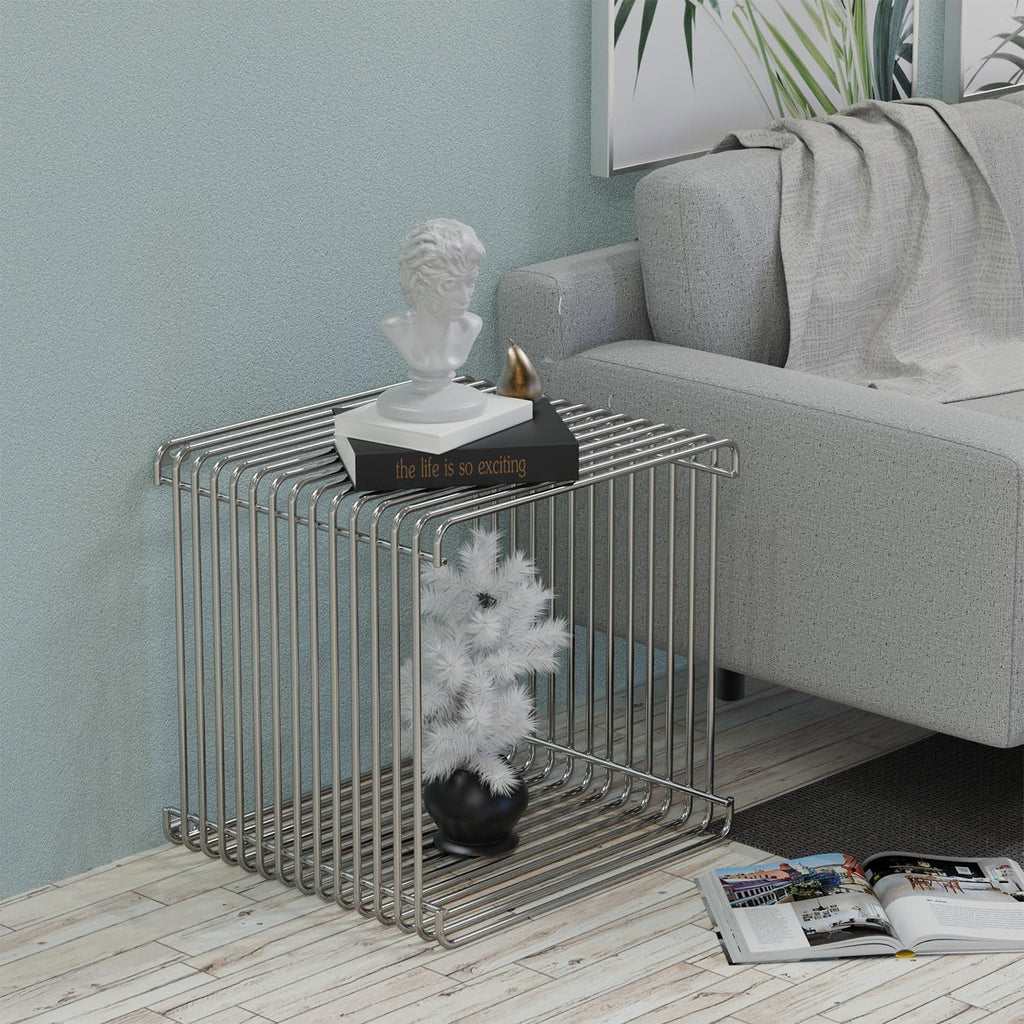 Silver Square Side Table 13.8in Cube, Retro Metal End Table with 331lb Heavy-Duty Iron Frame | Open Storage Shelf Nightstand for Living Room Bedroom, Wall or Floor Mount