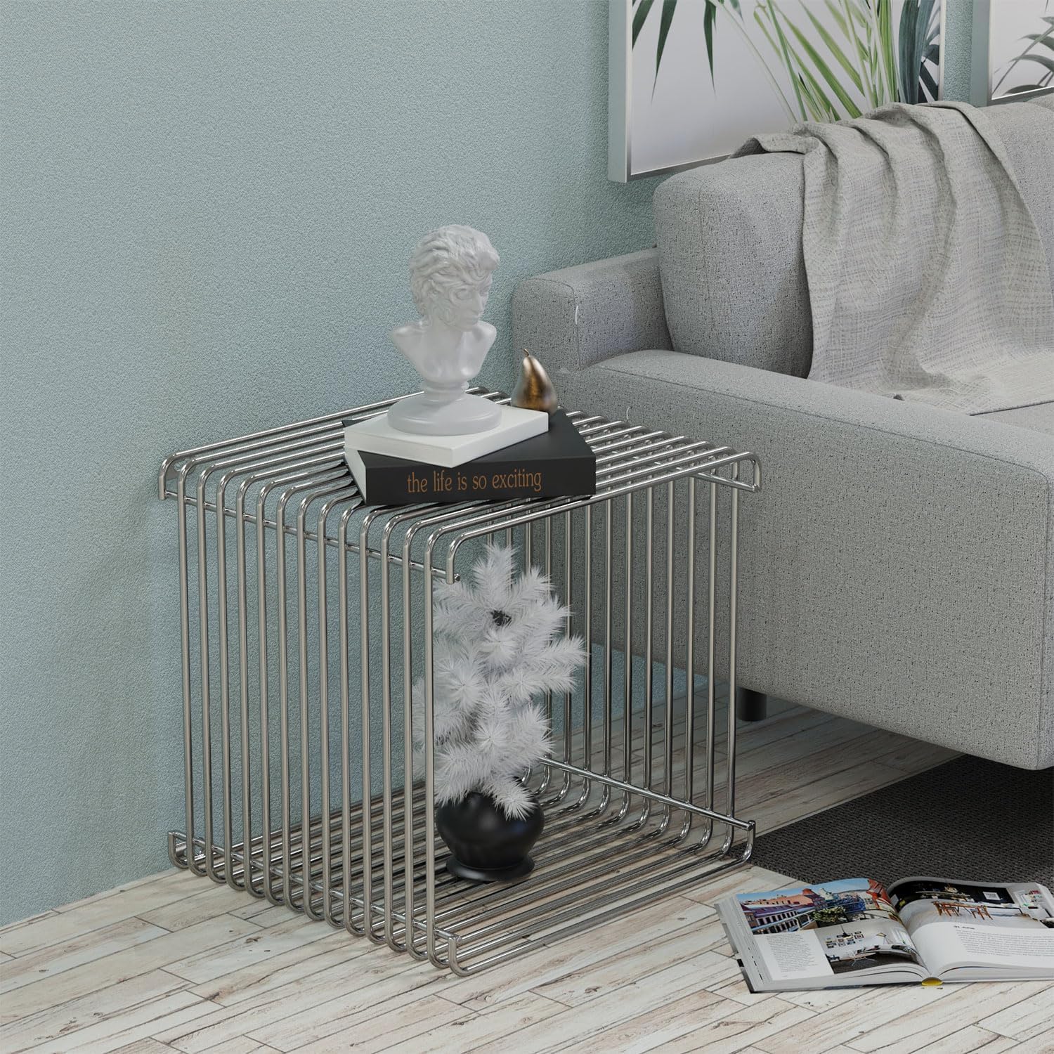Silver Square Side Table 13.8in Cube, Retro Metal End Table with 331lb Heavy-Duty Iron Frame | Open Storage Shelf Nightstand for Living Room Bedroom, Wall or Floor Mount