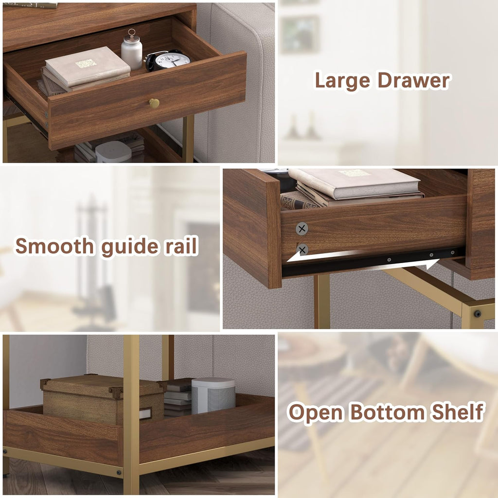 Modern End Table with Drawer and Open Shelf, 2-Tier Nightstand for Living Room,Bedroom or Small Spaces, Sofa Side Table with Metal Frame, Walnut