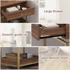 Modern End Table with Drawer and Open Shelf, 2-Tier Nightstand for Living Room,Bedroom or Small Spaces, Sofa Side Table with Metal Frame, Walnut