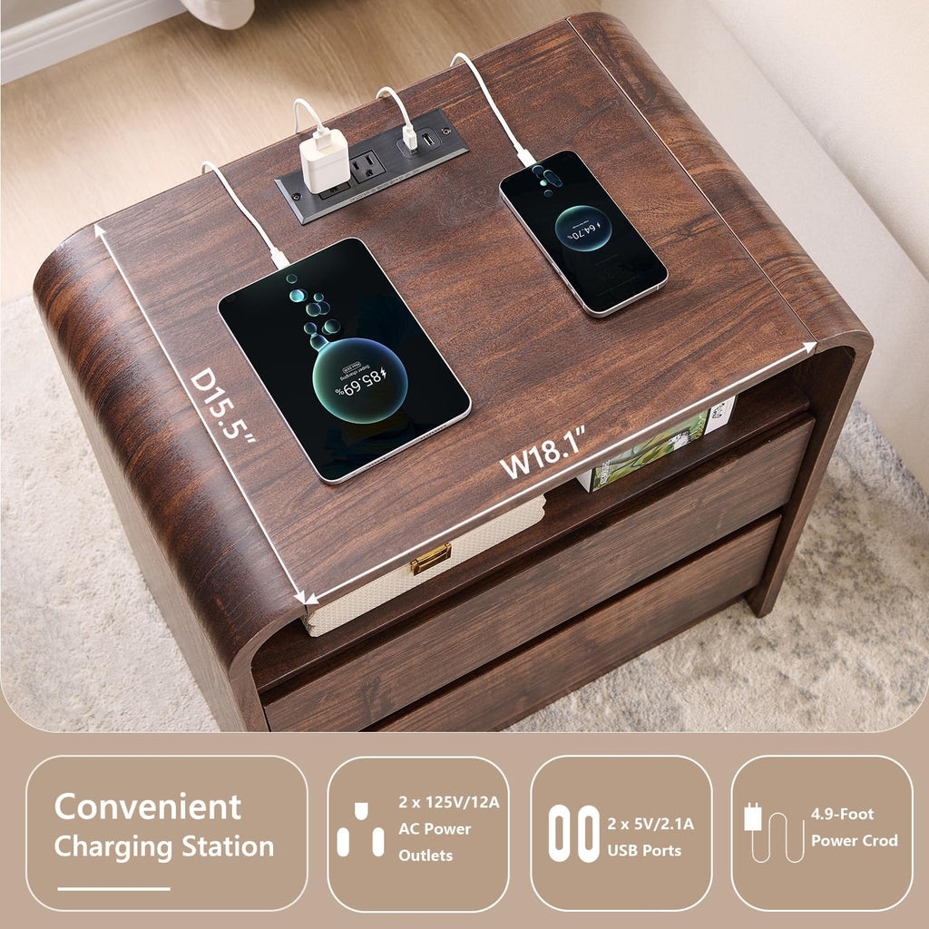 Aitjunz 25" Tall Modern Nightstand with Charging Station, 23.6'' Wide Wood Bedside Table w/2 Storage Drawers, Large Mid Century End Table for Bedroom, Living Room, Curved Profile Design, Brown