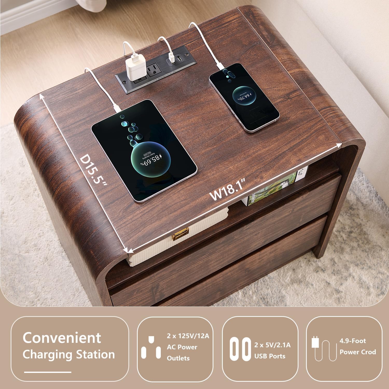 Aitjunz 25" Tall Modern Nightstand with Charging Station, 23.6'' Wide Wood Bedside Table w/2 Storage Drawers, Large Mid Century End Table for Bedroom, Living Room, Curved Profile Design, Brown