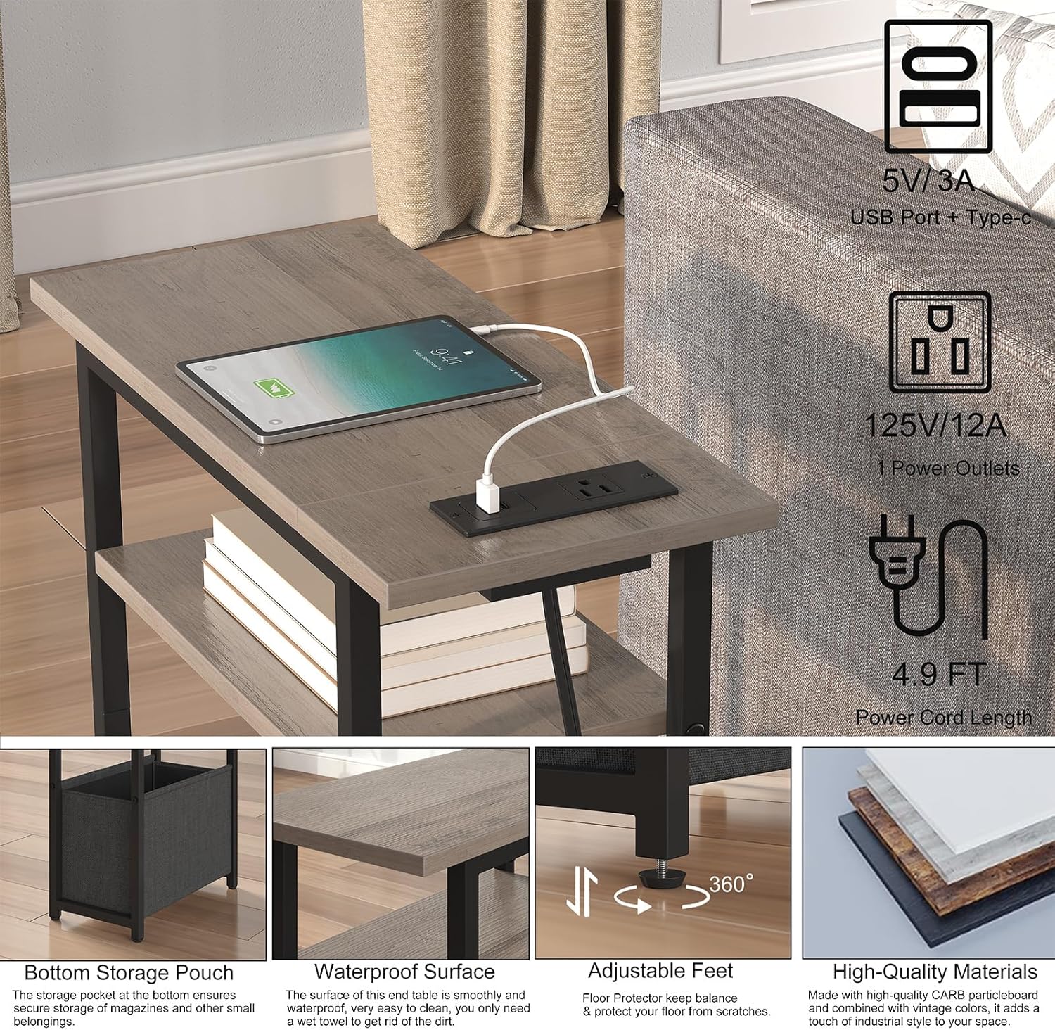 sthmec Narrow Side Table with Charging Station Set of 2, Small End Table for Small Spaces, Skinny Nightstands Set 2 with Storage Basket, 3 Tier Sofa Bedside Tables for Living Room,Bedroom, Grey