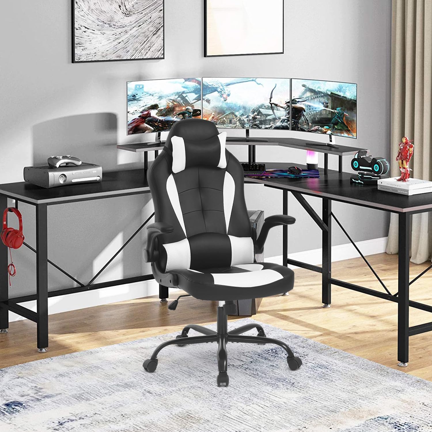 Dopinmin Gaming Chair Racing Computer Chair PU Leather Game Chair Desk Chair with Lumbar Support Flip Up Arms Headrest High Back Swivel Rolling Adjustable Ergonomic Office Chair, White