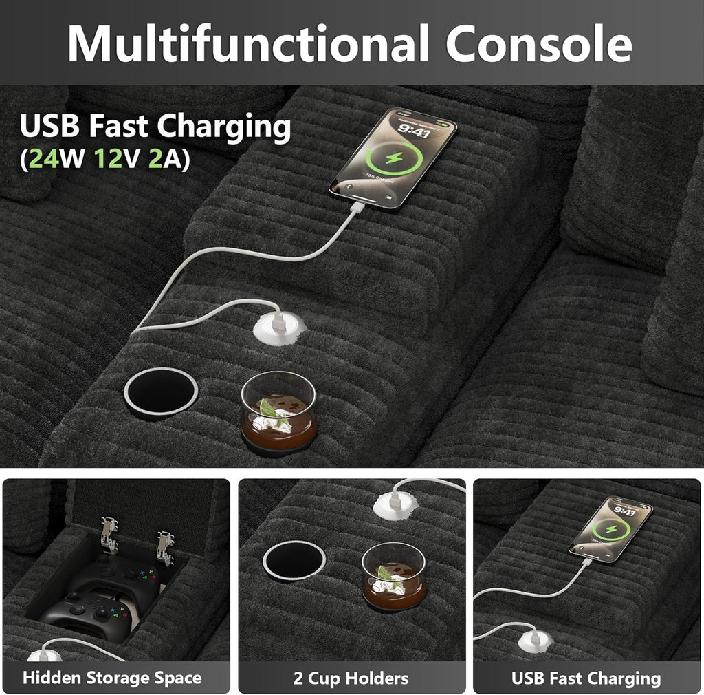 151" U Shaped Cloud Sectional Couch Modular Sofa, Comfy Oversized Boneless Couches for Living Room, Plush Corduroy Sectional Sofa Set with Ottoman Storage Console USB, Olive Dark Gray