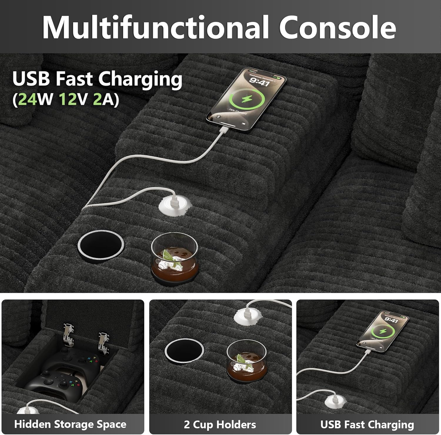 151" U Shaped Cloud Sectional Couch Modular Sofa, Comfy Oversized Boneless Couches for Living Room, Plush Corduroy Sectional Sofa Set with Ottoman Storage Console USB, Olive Dark Gray