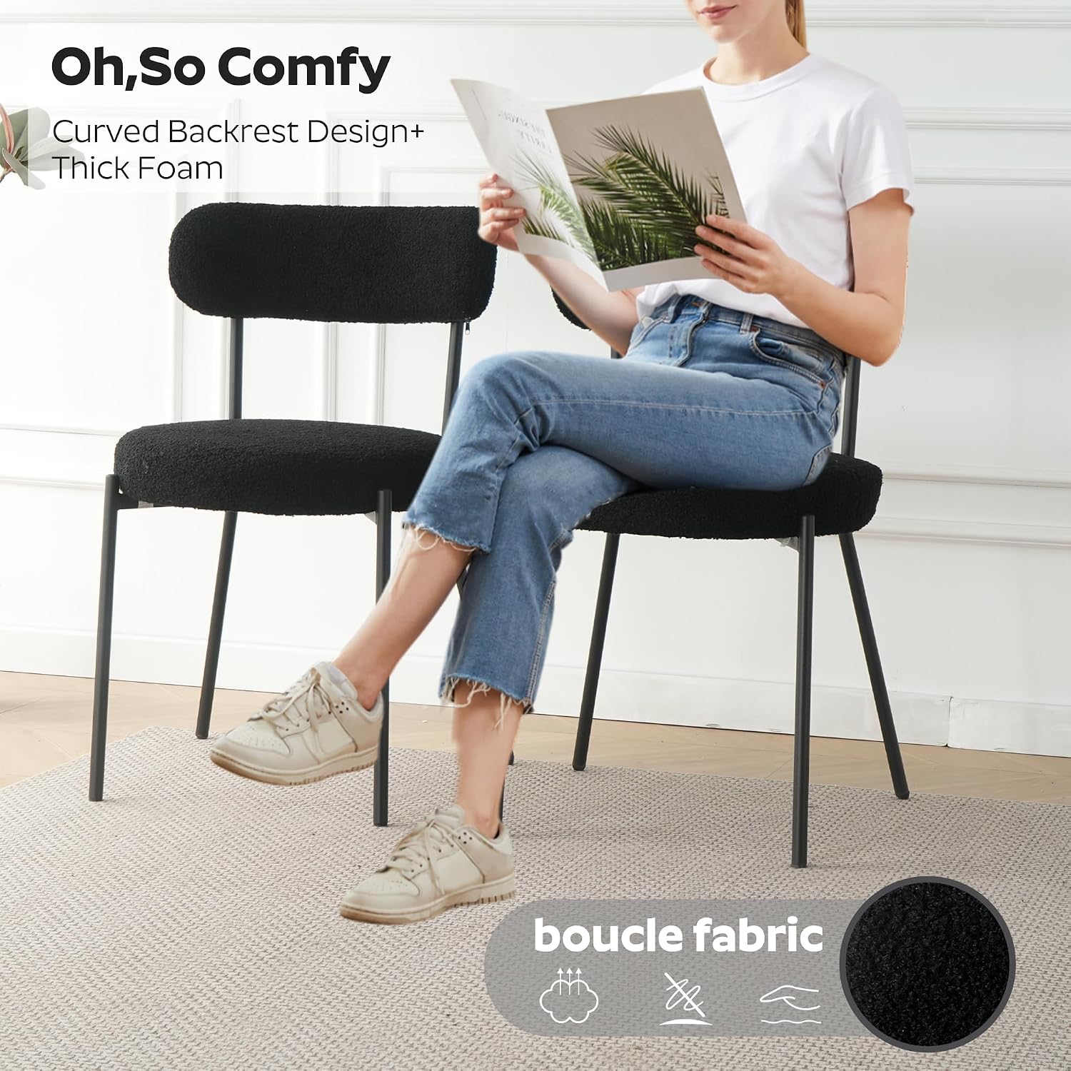 Modern 5-Piece Round Dining Table Set,Circle Black MDF Table & 4 Black Boucle Dining Chairs, Metal Frame Kitchen Furniture for Small Spaces(36-Inch)