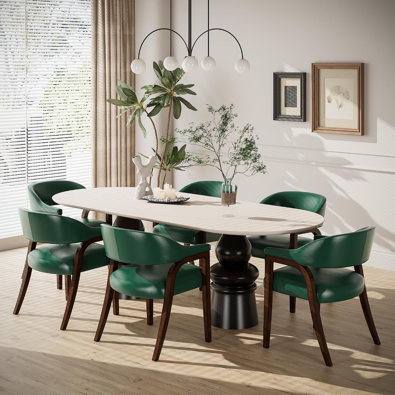 Set of 4 Faux Leather Dining Chair with Arms, 17.72" H Upholstered Accent Armchair with Rounded Back Premium Comfort Elegant Game Captain Chairs, 25.6x23.5x30.7in，Green(NO Table!)