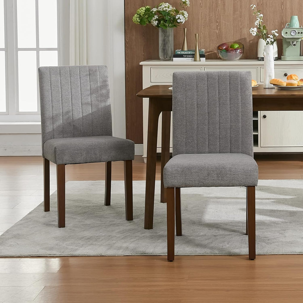 Dining Chairs Set of 4, Upholstered Modern Fabric Kitchen Side Chairs with Sturdy Wood Legs, Parsons Design, Comfortable Soft Linen for Dining Room, Restaurant, Cafe, Gray-Vertical Stripes