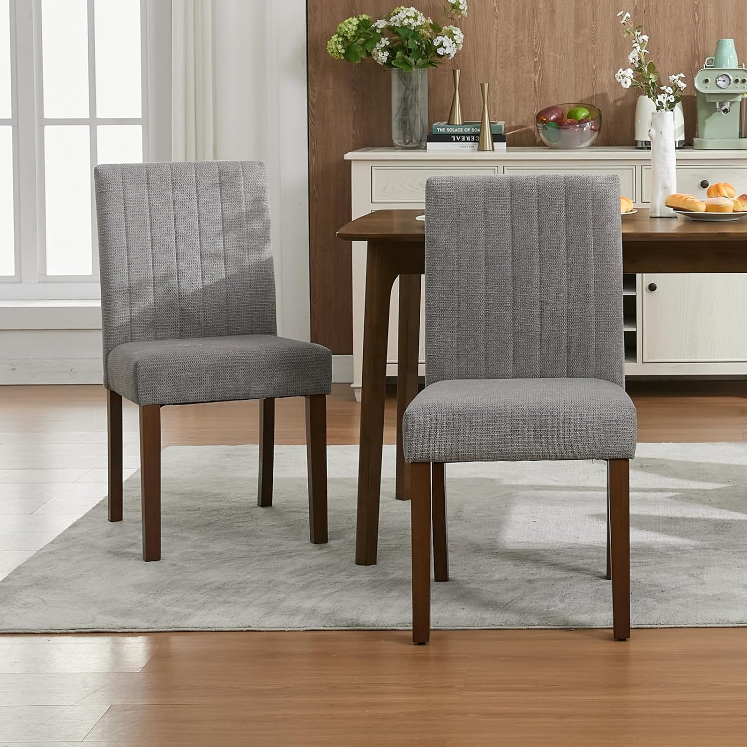 Dining Chairs Set of 4, Upholstered Modern Fabric Kitchen Side Chairs with Sturdy Wood Legs, Parsons Design, Comfortable Soft Linen for Dining Room, Restaurant, Cafe, Gray-Vertical Stripes