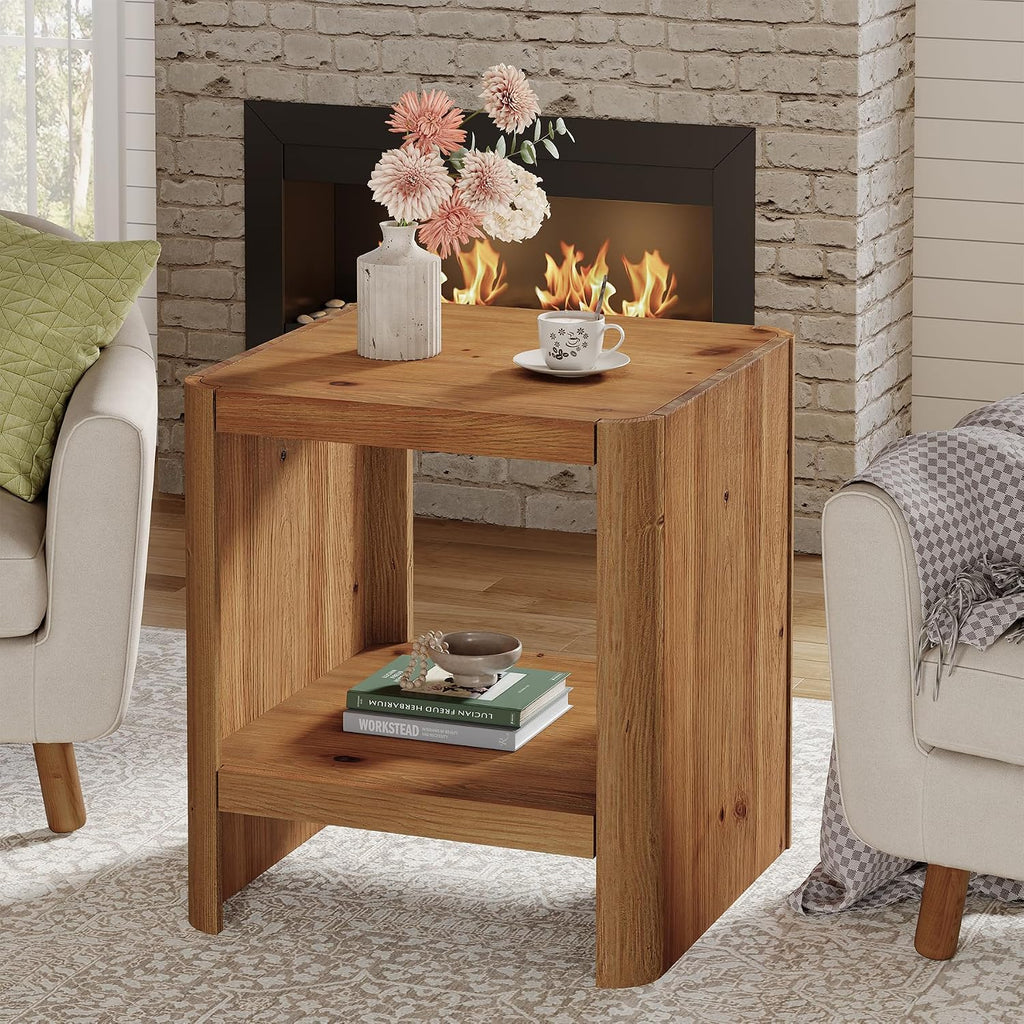 Solid Wood End Table, 2-Tier Small Side Table with Open Storage Shelf, Rustic Nightstand for Living Room, Bedroom, or Small Spaces, Easy Assembly (2, Natural Wood)