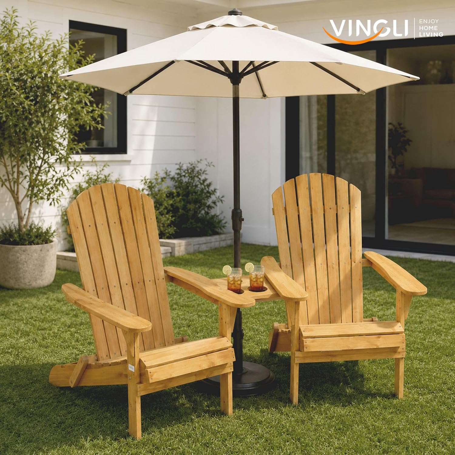 VINGLI Folding Adirondack Double Chair, Wood Adirondack Chairs for Outdoor, with Small Storage Table, Foldable Fire Pit Chairs for Patio, BBQ, Porch, Yard, Pool
