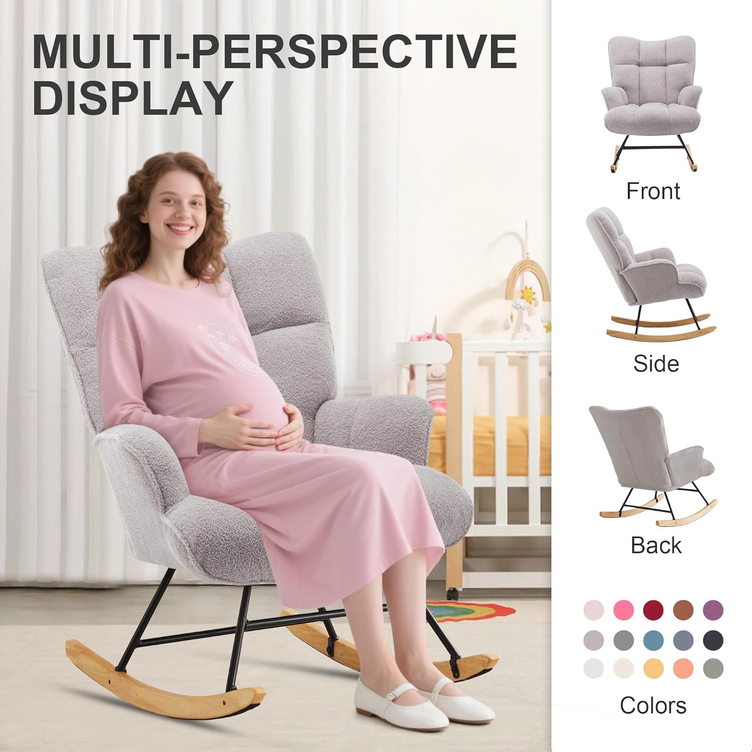 Zedachica Rocking Chair Nursery Teddy Upholstered Glider Rocker Rocking Accent Chair Padded Seat with High Backrest Armchair Comfy Side Chair for Living Room Bedroom Offices (Grey Teddy)