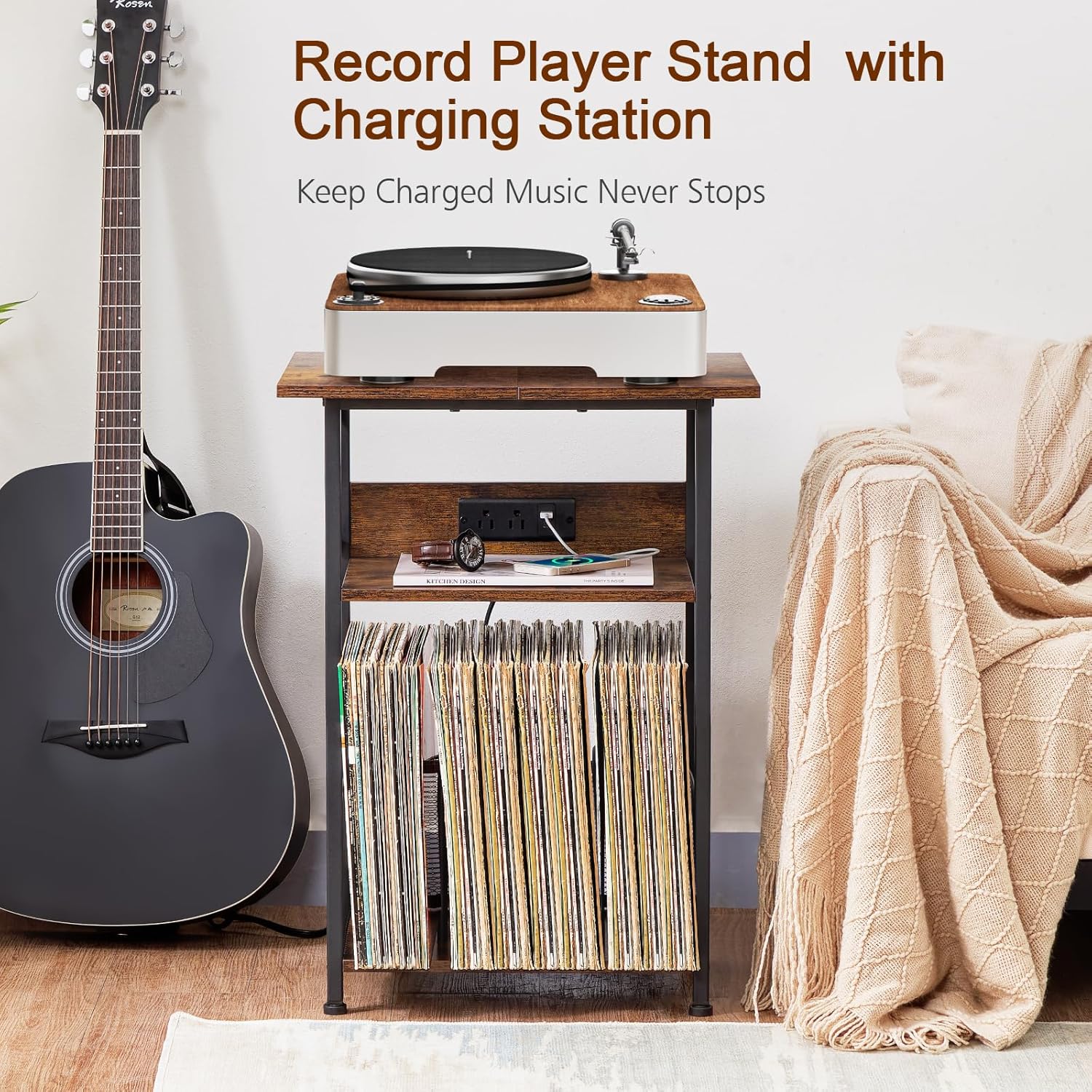 AMHANCIBLE C Shaped End Table，Large Turntable Stand with Storage Cabinet