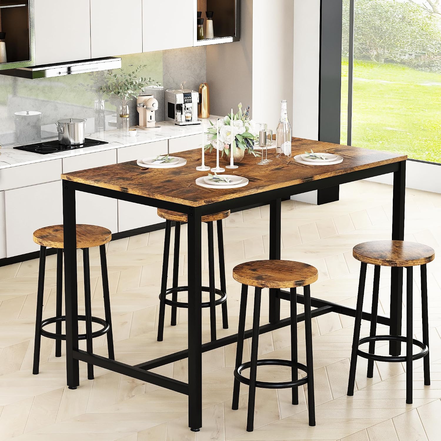 Lamerge Bar Table Set,Industrial Bar Table and Chairs Set,5 Pcs Dining Table Set Counter Height Pub Table with 4 Chairs, Wooden Breakfast Table Set Kitchen Counter,Adjustable Feet,Rustic Vintage