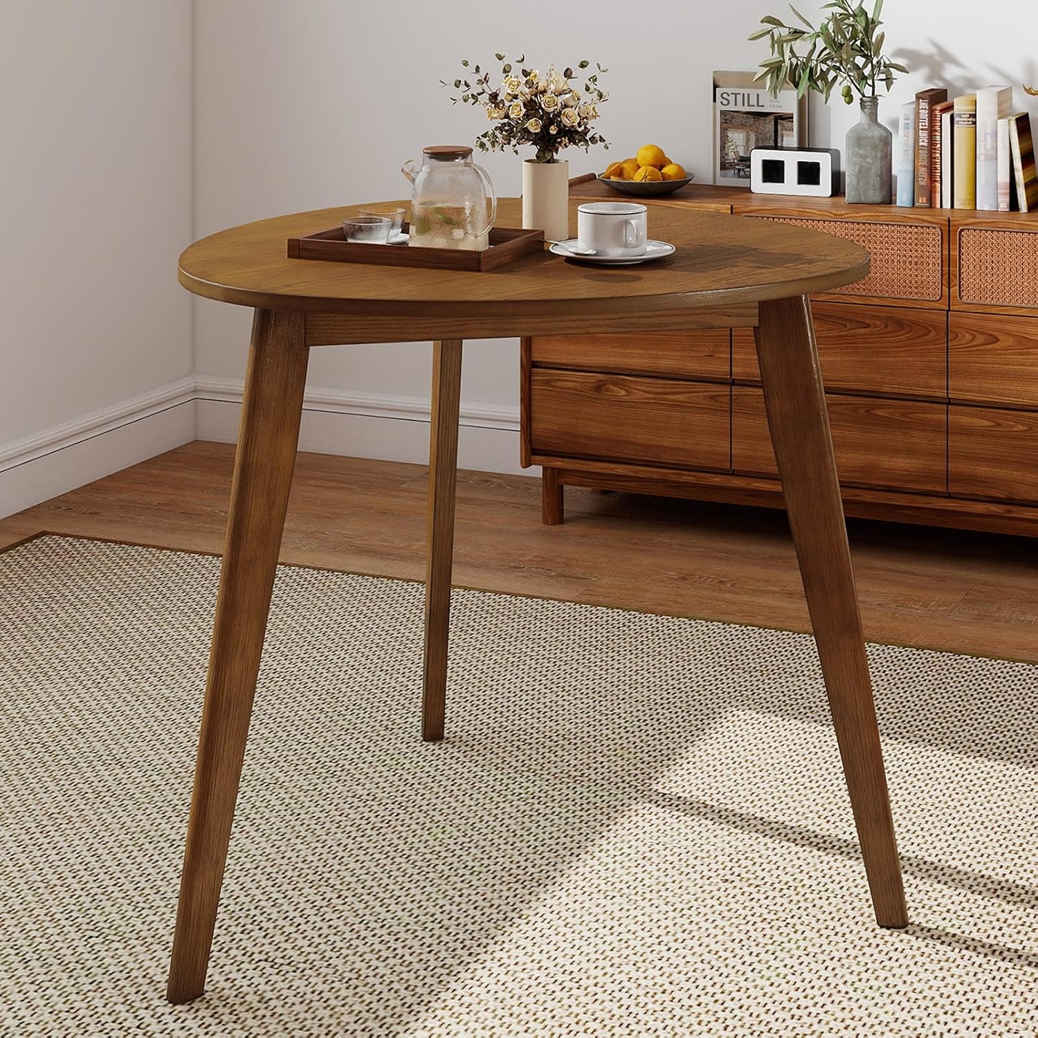 GOFLAME 35.5” Triangle Dining Table, Mid-Century Modern Kitchen Table with Solid Rubber Wood Legs, Space-Saving Dinner Table for Living Room, Dining Room, Apartment, Small Space, Walnut