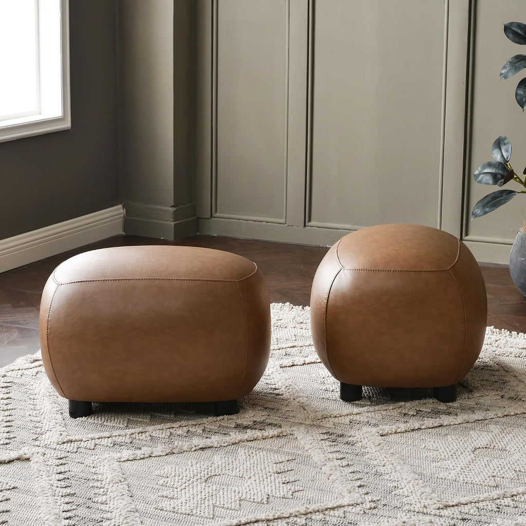 KINWELL 23" Wide Faux Leather Upholstered Ottoman Set of 2, Mid-Century Modern Living Room Footrest with Soft Padded Seat, Footstool for Bedroom, Entryway or Living Room, Camel