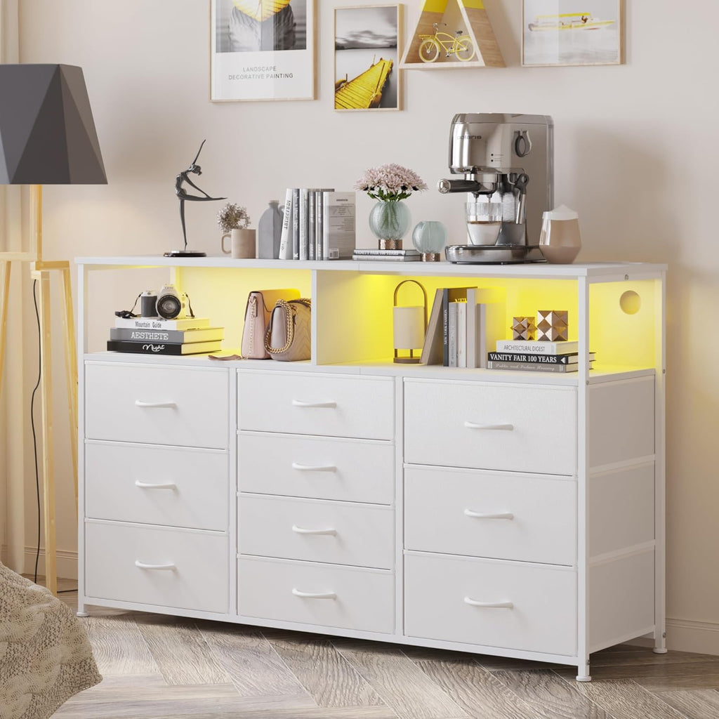Unionly 55" W 10 Drawers Dresser with LED,Dresser tv Stand for Bedroom | TV stand dresser with LED light,charging station for 55,65 inch TV,Fabric Drawers Dresser with Open shelves for living room