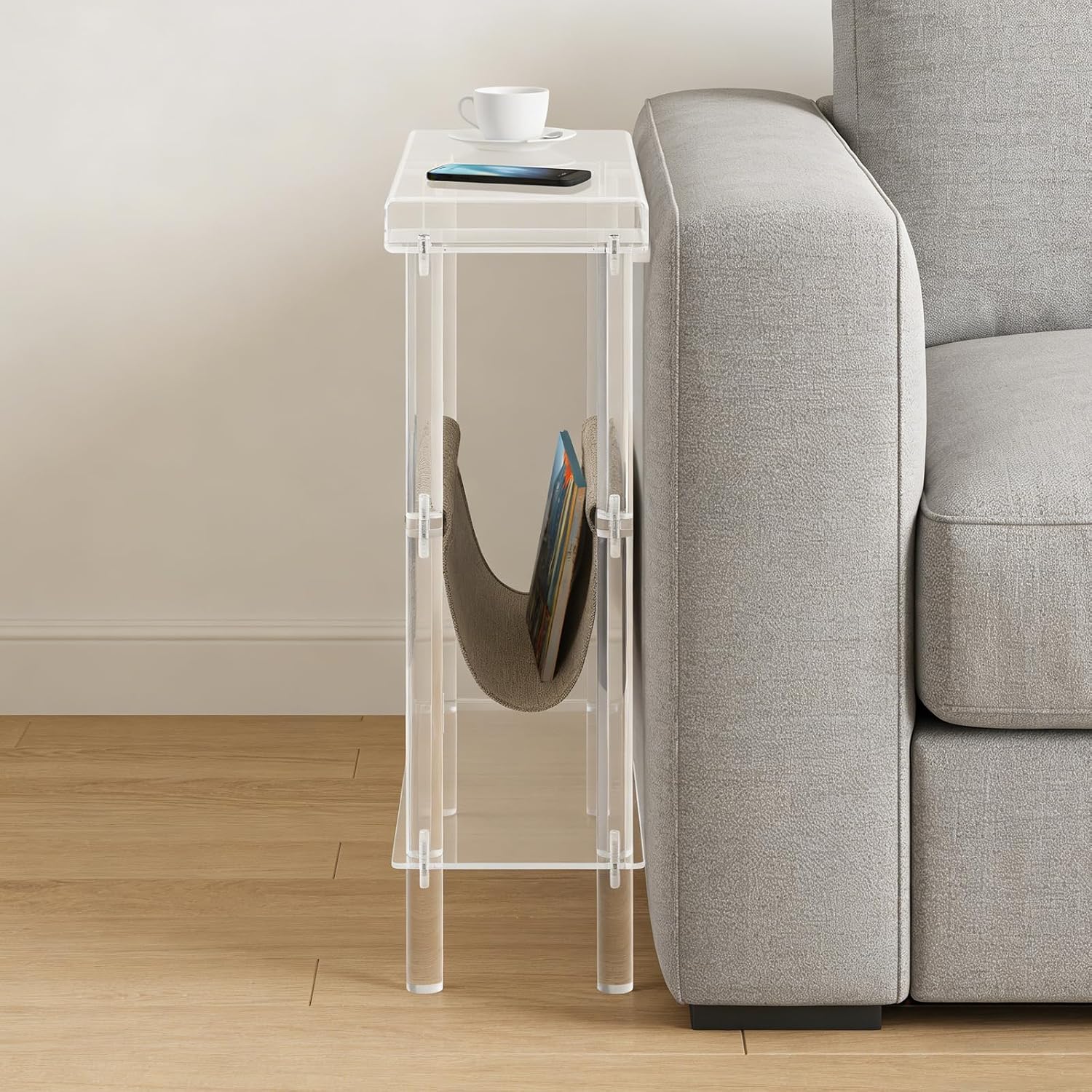 Acrylic Narrow Side Table for Small Spaces, 7" W×23.9" H x 15.7" L Slim End Table with Magazine Holder, Clear Skinny Bedside Table Nightstand for Living Room, Bedroom, Sofa