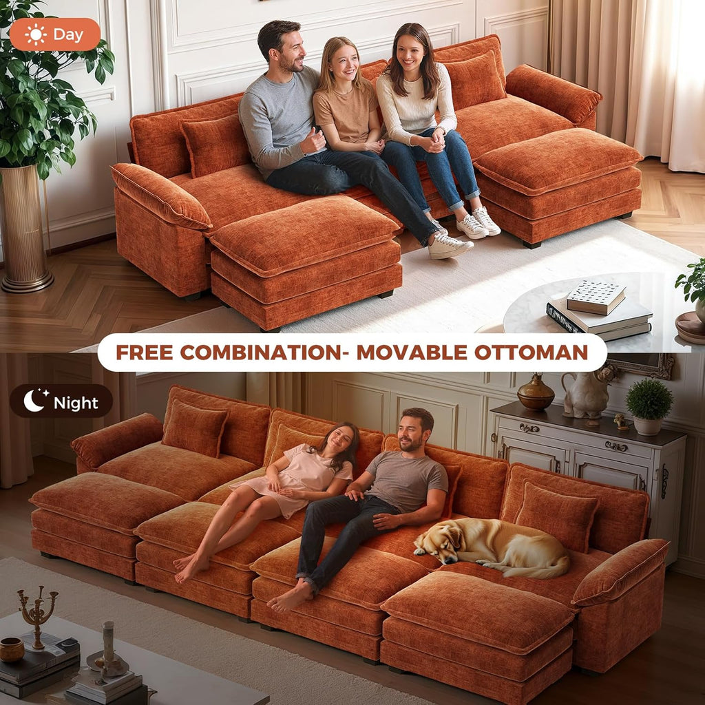 CDCASA 120" Oversized Modular Sectional Sofa, Comfy U-Shaped Cloud Couch w/ 2 Movable Ottoman, 5-Seater Chenille Deep Seat Modern Sofa Couch for Living Room, DIY Combination, Terracotta Orange