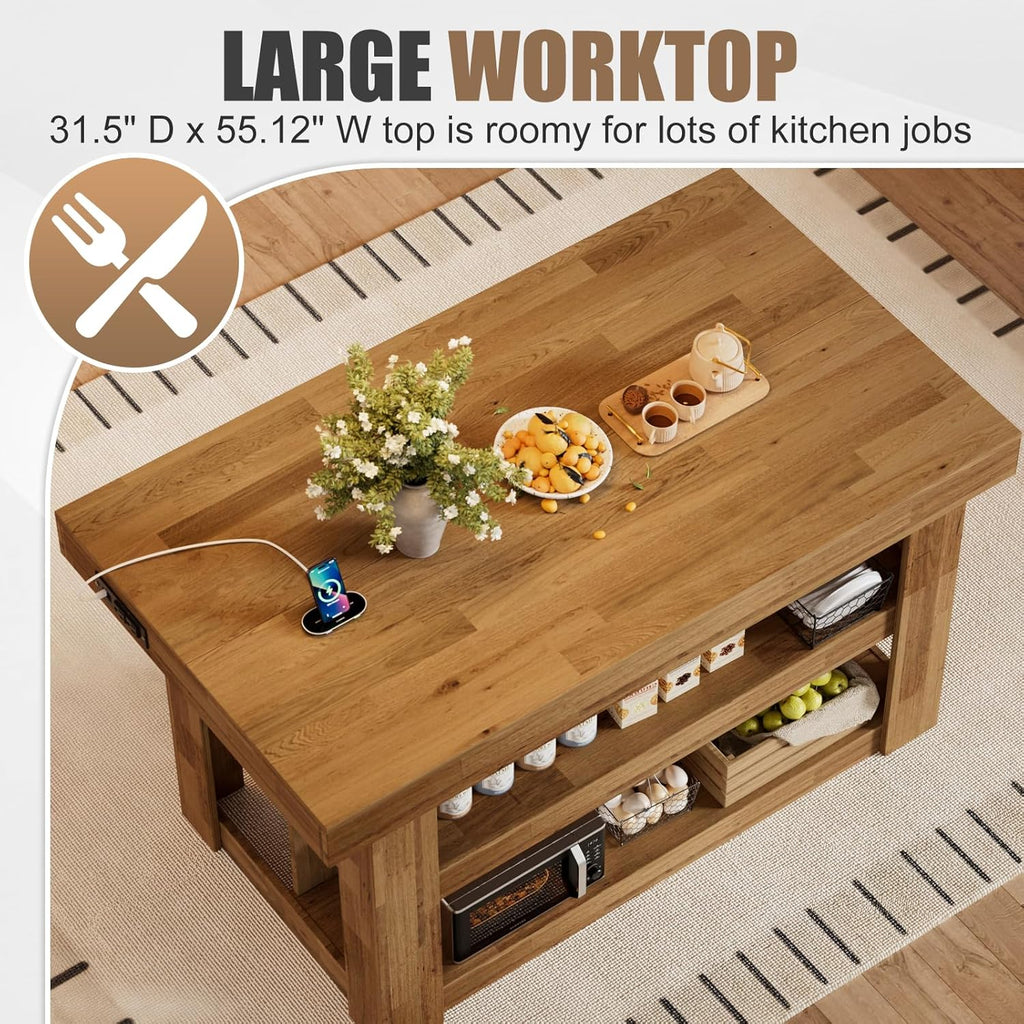 PAKASEPT 55" Kitchen Island with Storage, 3-Tier Farmhouse Wood Island Table with Power Outlets,Shelves for Kitchen, Dining Table for 4,Dining Room,Living Room,Home Bar,Brown