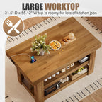 PAKASEPT 55" Kitchen Island with Storage, 3-Tier Farmhouse Wood Island Table with Power Outlets,Shelves for Kitchen, Dining Table for 4,Dining Room,Living Room,Home Bar,Brown