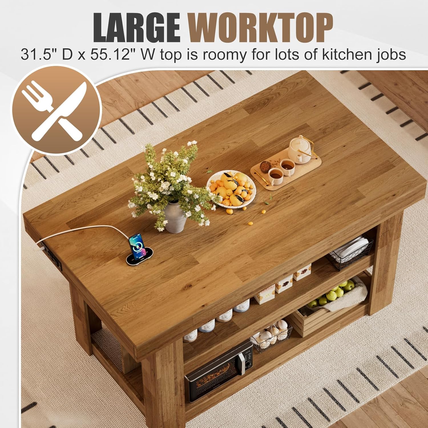 PAKASEPT 55" Kitchen Island with Storage, 3-Tier Farmhouse Wood Island Table with Power Outlets,Shelves for Kitchen, Dining Table for 4,Dining Room,Living Room,Home Bar,Brown