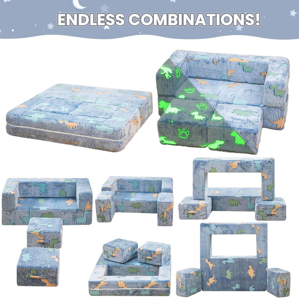 Toddler Couch Cover, Glow in The Dark Toddler Fold Out Couch Cover, Baby Modular Couch Cover, Convertible Baby Fold Out Play Foam and Floor Cushion Cover for Nursery Playroom, Blue+Dinosaur