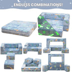 Toddler Couch Cover, Glow in The Dark Toddler Fold Out Couch Cover, Baby Modular Couch Cover, Convertible Baby Fold Out Play Foam and Floor Cushion Cover for Nursery Playroom, Blue+Dinosaur
