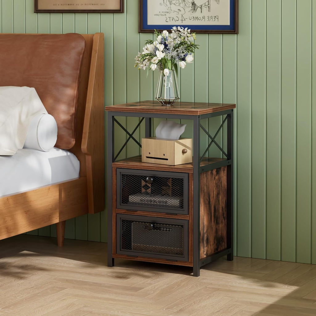 VECELO End Side Table, Modern Night Stand with Storage Space and Door, Set of 2 Nightstands for Living Room,Bedroom,Lounge, Rustic Brown