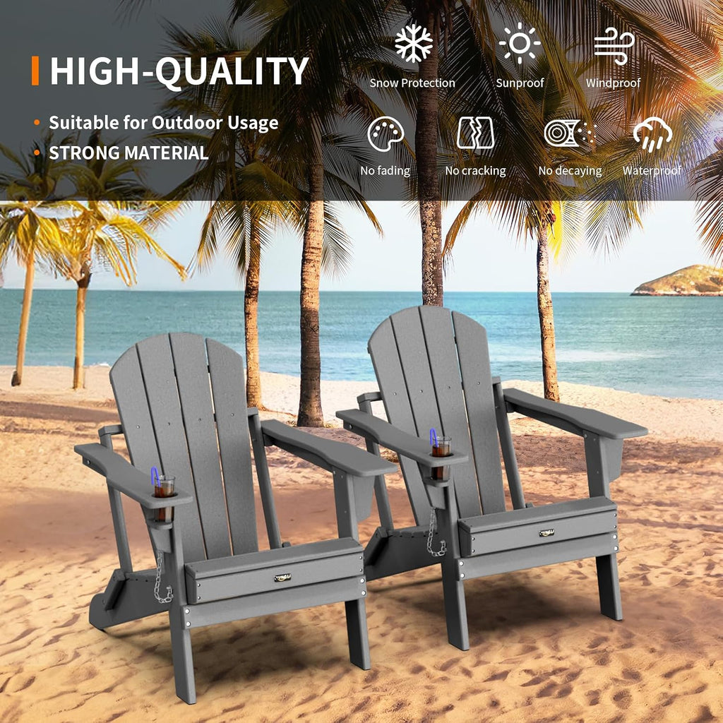 VINGLI Plastic Adirondack Chairs Set of 2, Folding with Cup Holder, Waterproof HDPE Material, Comfortable 380lb Weight Capacity for Outdoor Pool Patio Lounge Chair Lawn Furniture Firepit (Gray)