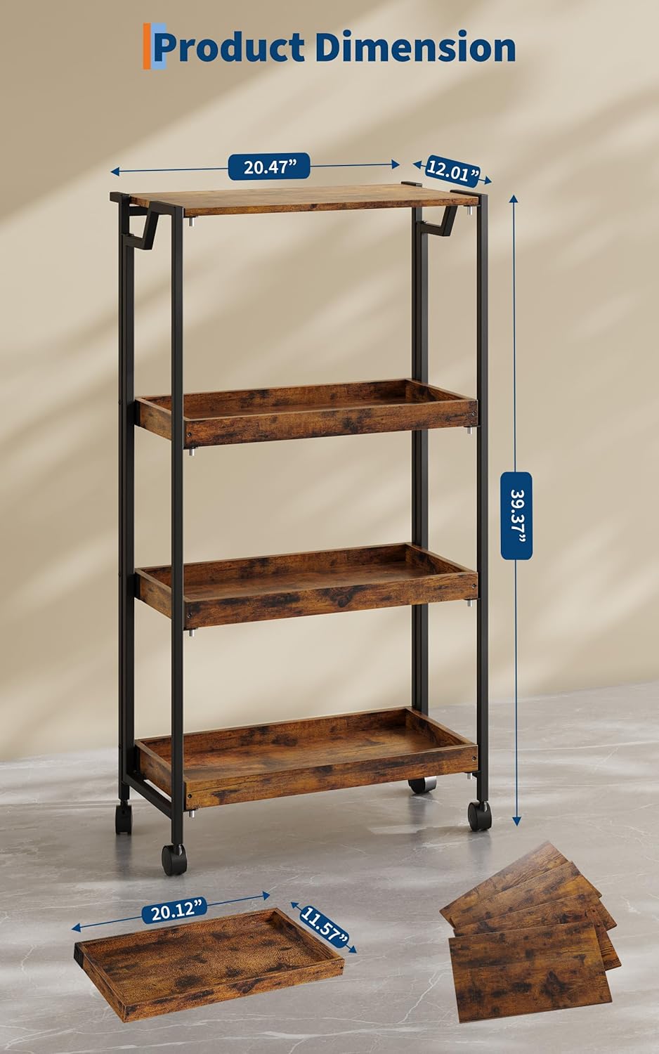 Garvee Large 4-Tier Wooden Folding Storage Shelf Cart with Locking Wheel, Expandable Kitchen Organizer Rack, 100 Lbs Loading Heavy Duty Garage Shelving, Easy Foldable No Assembly Required