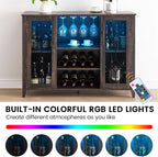 GarveeHome Wine Bar Cabinet with LED Light, Home Coffee Cabinet with Wine and Glass Rack, Kitchen Buffet Sideboard with Storage, Liquor Cabinet for Bar, Dining Room, Kitchen, Oak