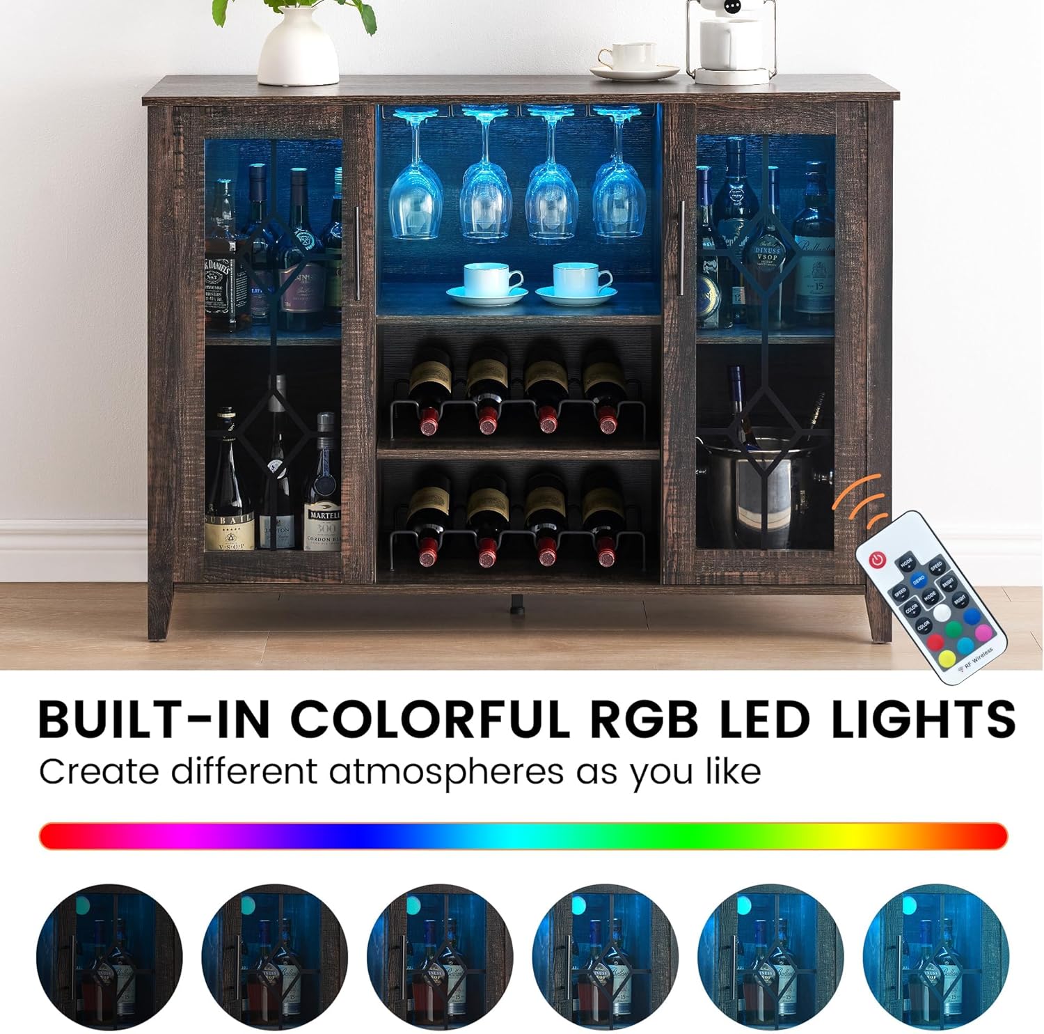 GarveeHome Wine Bar Cabinet with LED Light, Home Coffee Cabinet with Wine and Glass Rack, Kitchen Buffet Sideboard with Storage, Liquor Cabinet for Bar, Dining Room, Kitchen, Oak