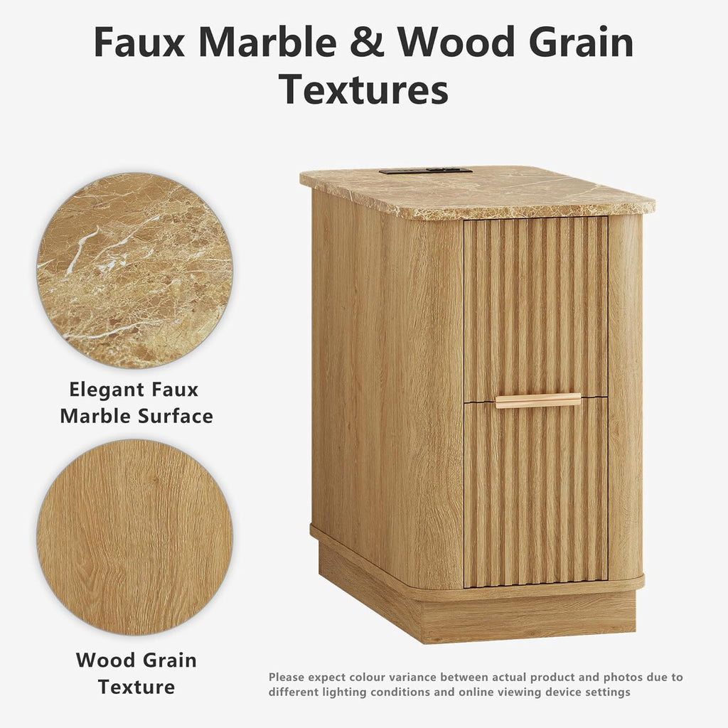 win2win Narrow End Table with Charging Station, Fluted Side Table with Faux Marble Top, Skinny Modern Boho Nightstand, Small Bedside Table with Drawers & Storage for Living Room, Bedroom, Oak