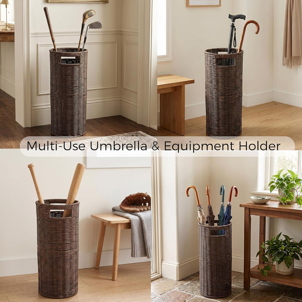 Rattan Umbrella Holder for Entryway with Drip Tray, 21''H Round Umbrella Stand for Indoor & Outdoor, Tall Wicker Basket for Storage, Woven Organizer for Home, Office, Hotel, Shop, Brown