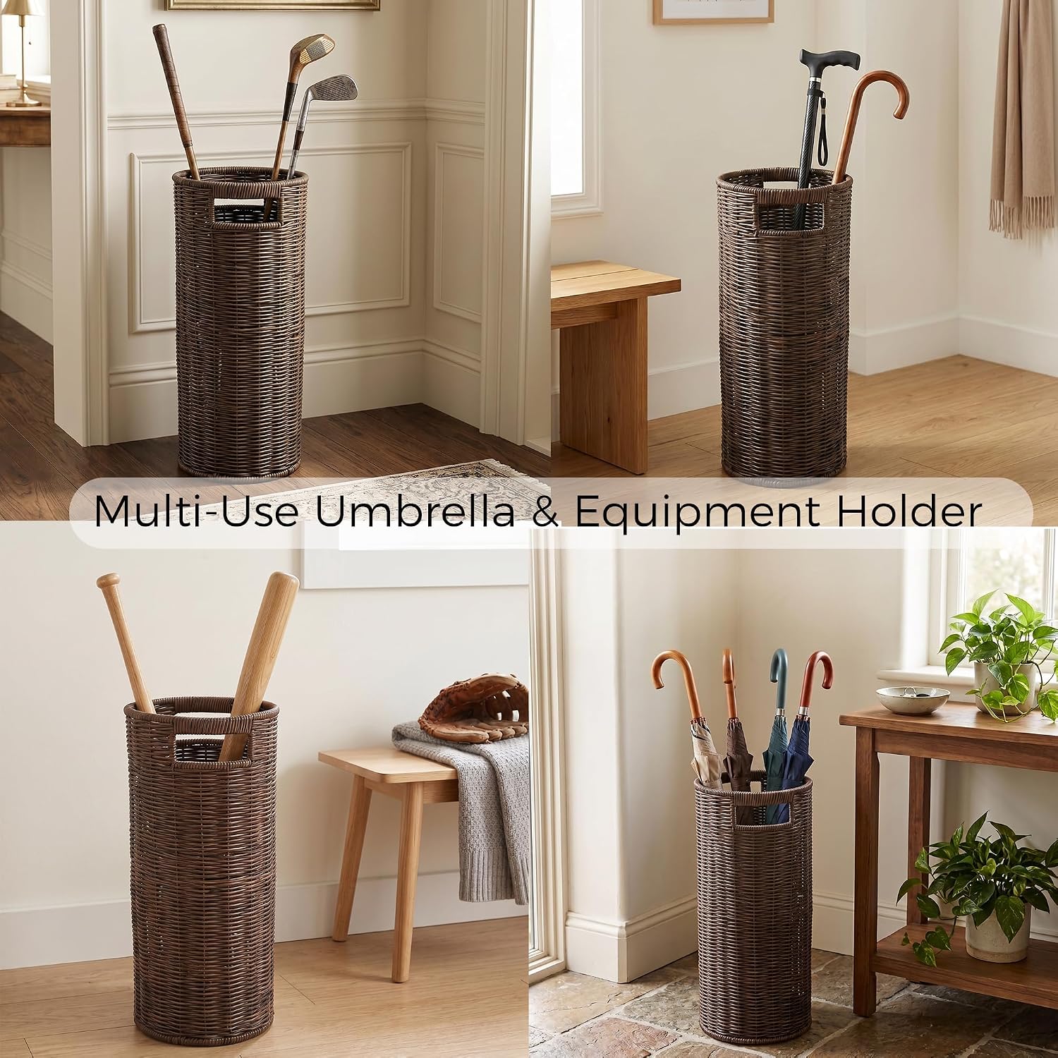 Rattan Umbrella Holder for Entryway with Drip Tray, 21''H Round Umbrella Stand for Indoor & Outdoor, Tall Wicker Basket for Storage, Woven Organizer for Home, Office, Hotel, Shop, Brown