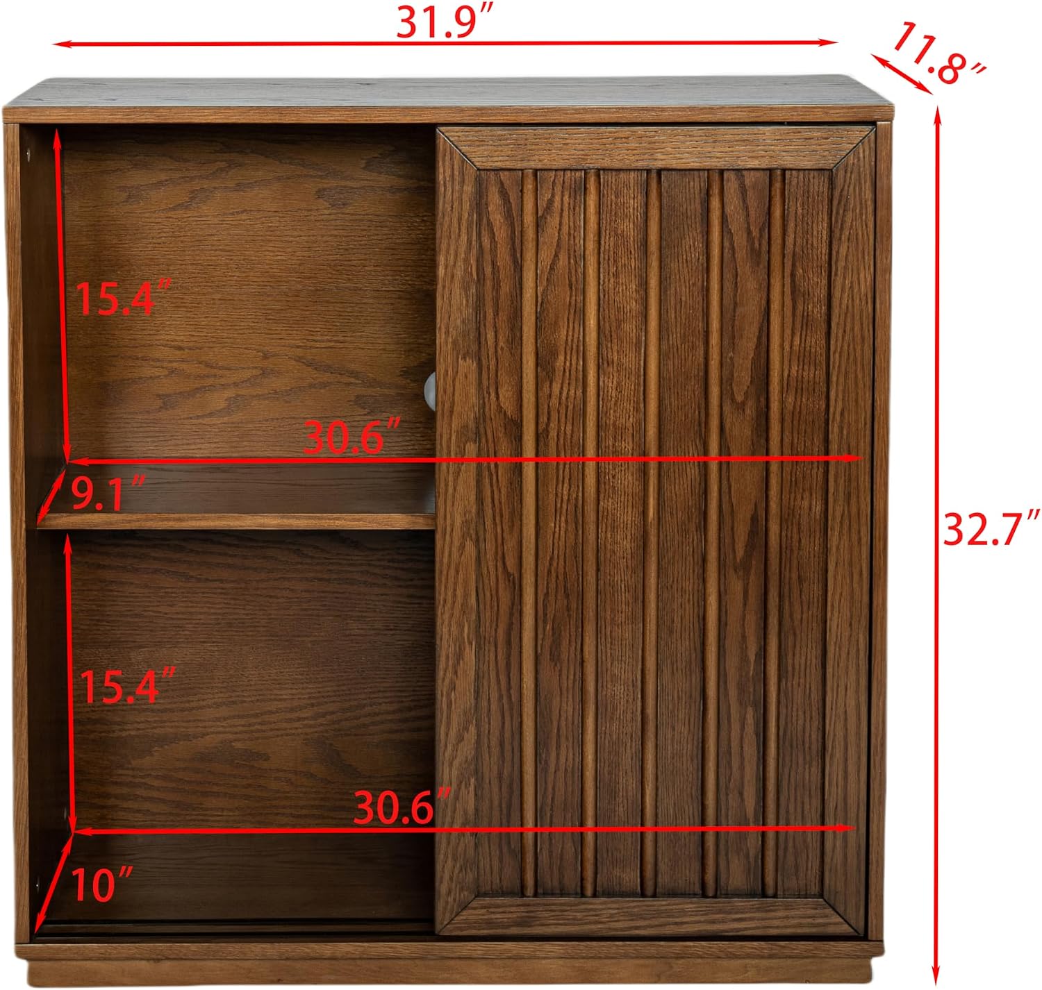 Mid Century Modern Sideboard Cabinet | Slim Fluted Credenza with Sliding Doors | Narrow Storage Buffet Console Table for Small Spaces, Living Room, Entryway, Kitchen (Walnut, 32")