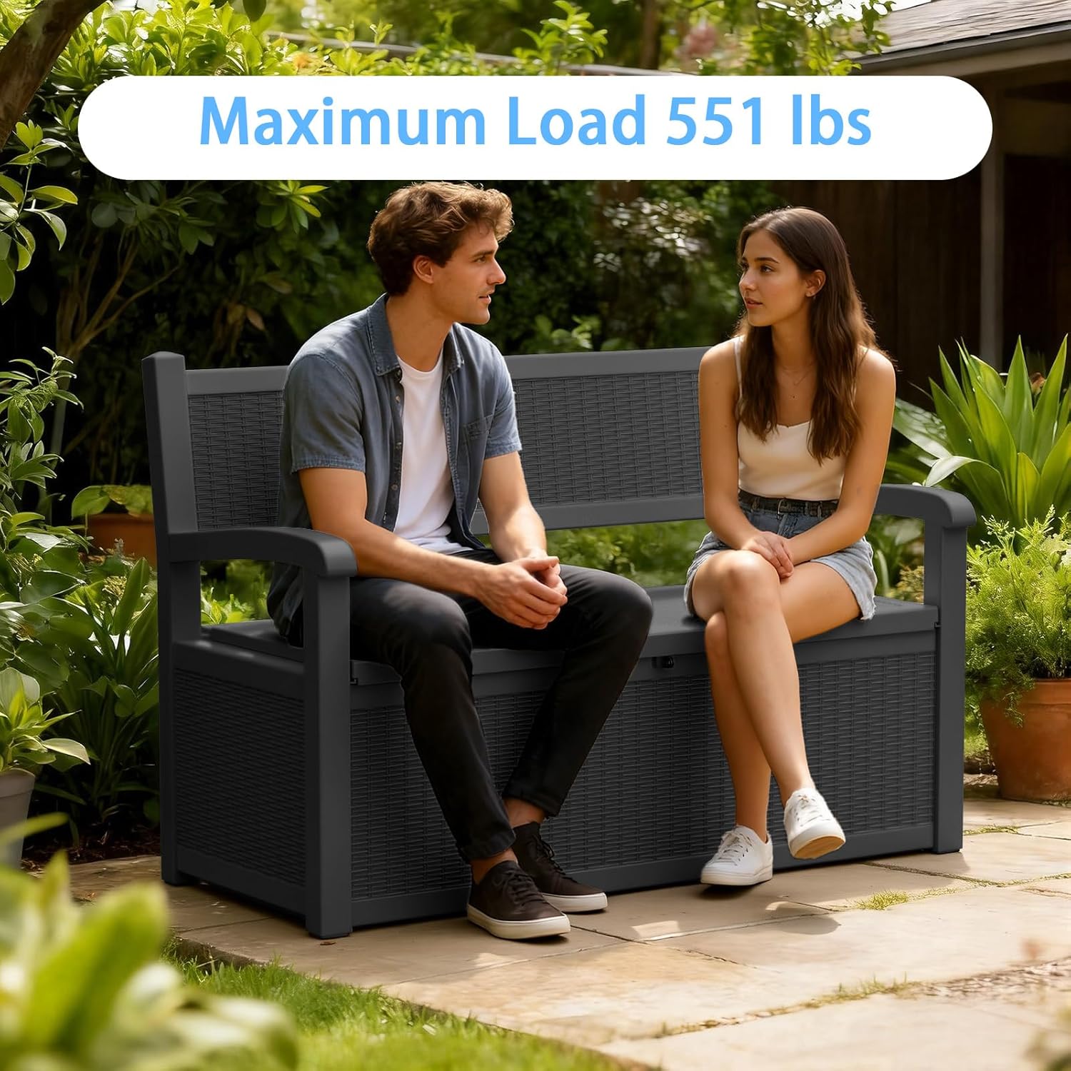 AmaVins 70 Gallon Outdoor Storage Bench Deck Box, Waterproof Lockable with Rattan-Woven Look, Outdoor Storage Furniture for Patio, Garden, Porch (Black)