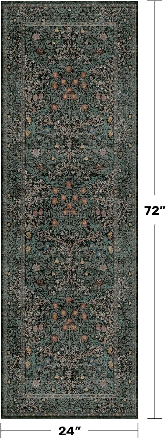 Non Slip 2x6 Kitchen Runner Rug Washable, Rubber Backed Bathroom Runner, Boho Vintage Floral Botanical Dark Green Non Skid Low Pile Soft Carpet for Entryway, Laundry Room, Hallway Mats for Floor