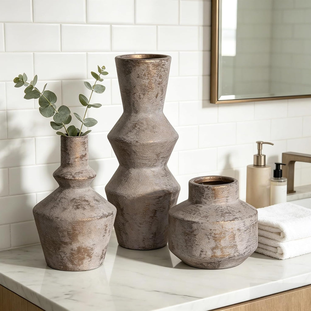 DREAMLOOM Ceramic Vase Set of 3, Modern Rustic Flower Vases for Pampas Grass, Dried & Fresh Flowers, Farmhouse Home Decor Vase for Living Room Bedroom Kitchen Shelf Centerpiece, Classic