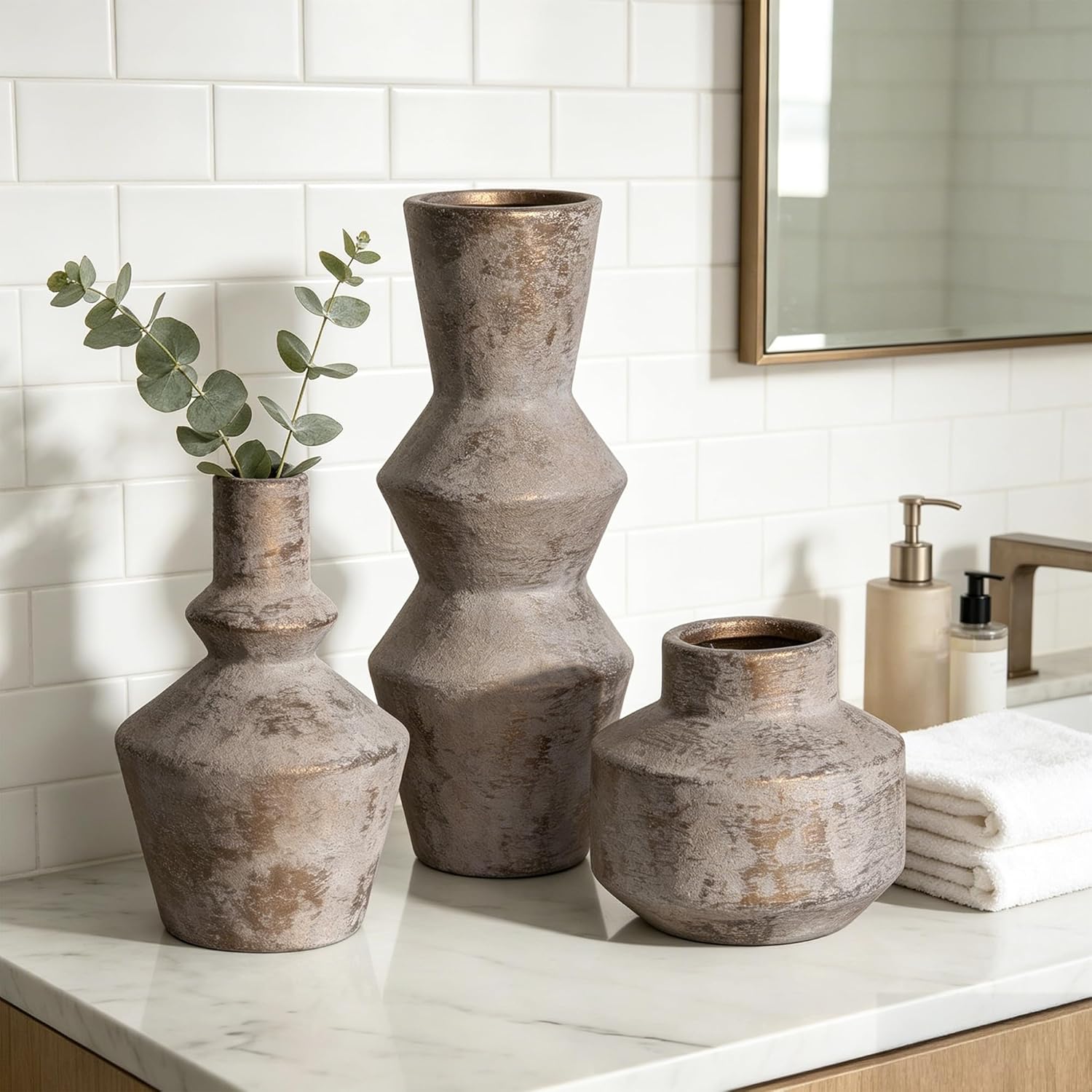 DREAMLOOM Ceramic Vase Set of 3, Modern Rustic Flower Vases for Pampas Grass, Dried & Fresh Flowers, Farmhouse Home Decor Vase for Living Room Bedroom Kitchen Shelf Centerpiece, Classic