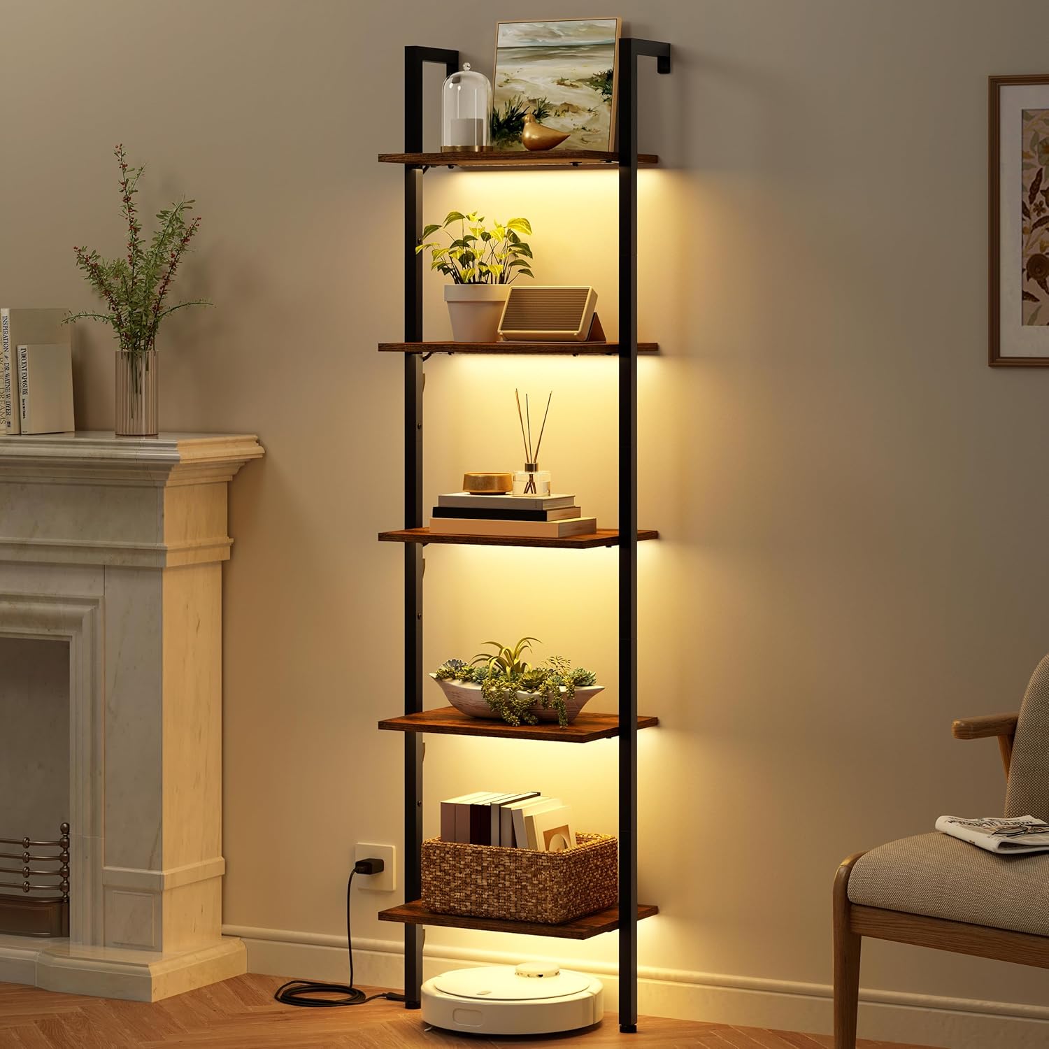 5-Tier Ladder Shelf with LED Light, Wall Mounted Bookshelf with Metal Frame, Rustic Brown — for Living Room, Bedroom or Office