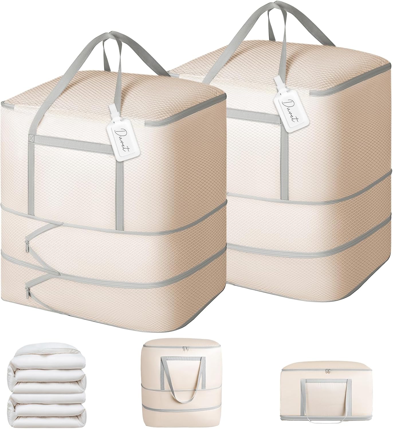 Comforter Storage Bag - 120L Bedding Storage Bags for Closet and Moving, Washable Blanket Storage Bag, Ultra Space Saving Self Compression Organizer, 2-Pack, Beige