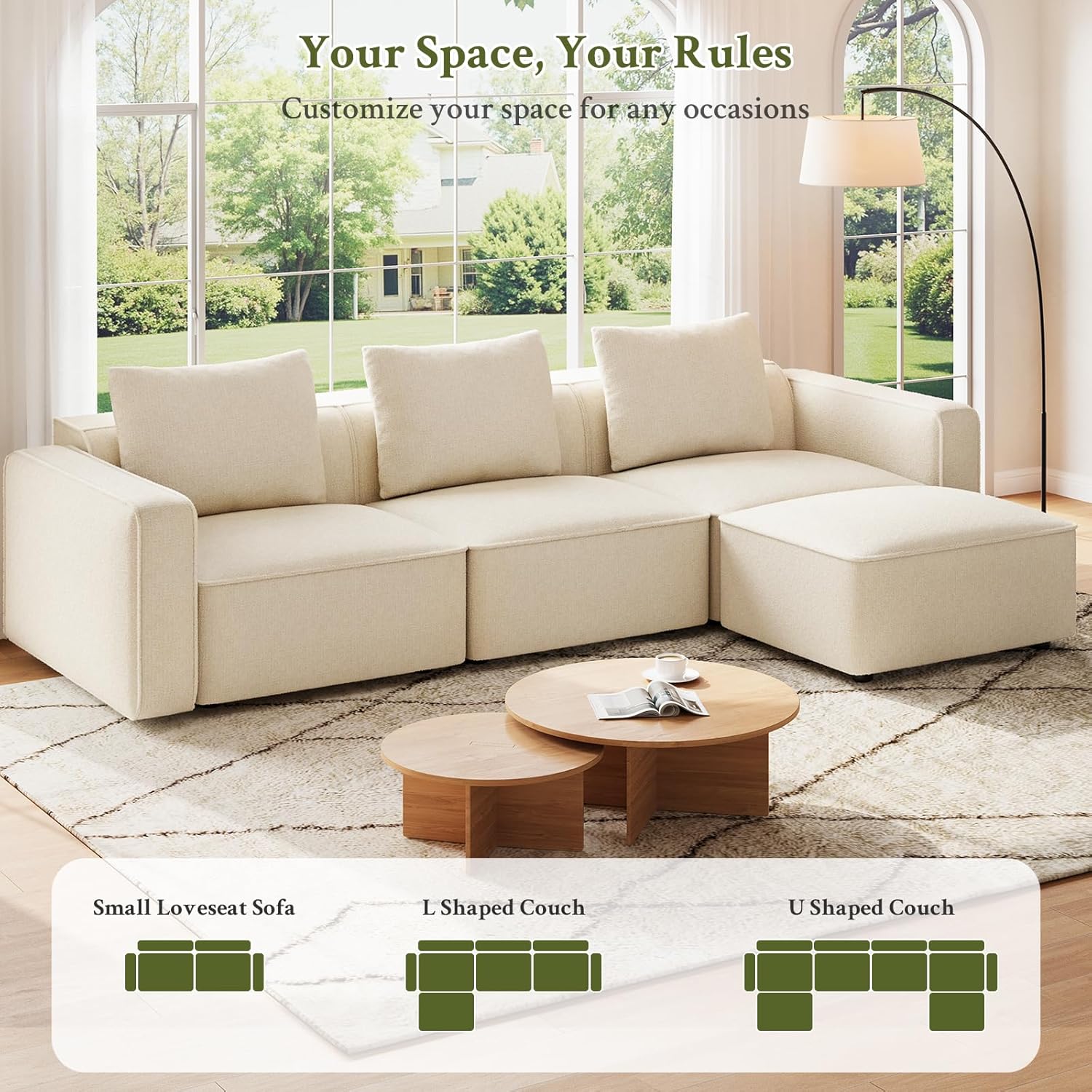 Welzona 103" Modular Sectional Sofa, Minimalist Comfy Cloud Couch Sectional, Tool-Free Setup Couches for Living Room, Wood Frame l Shaped Couch with Ottoman, 22" Deep Seat Chenille Cloud Sofa