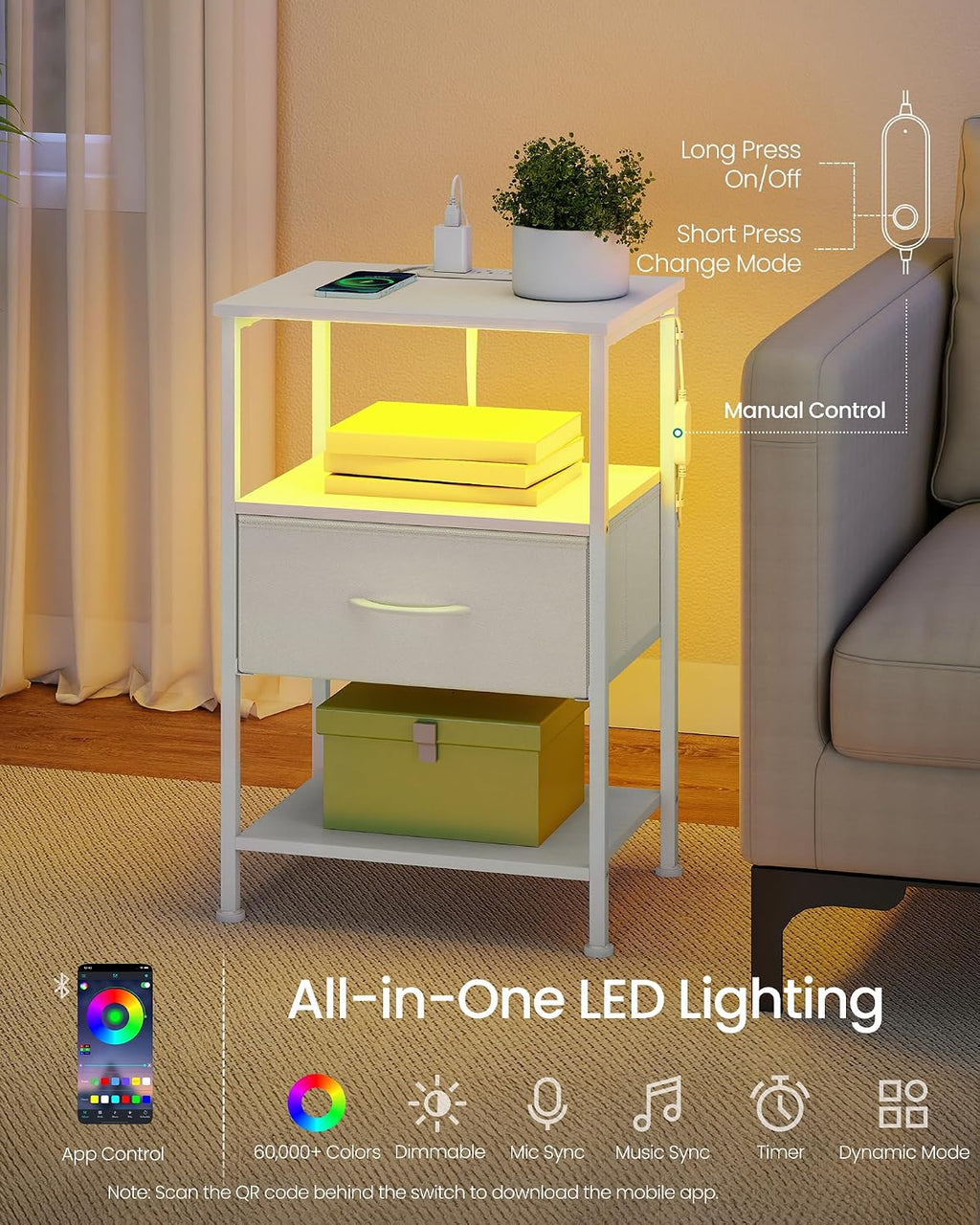 SONGMICS BELLAH Collection - Set of 2 Nightstands with Charging Station and App-Controlled Adjustable LED Lights, Bed Side Tables,1 Drawers, Cloud White and Snow White ULGS201W101S