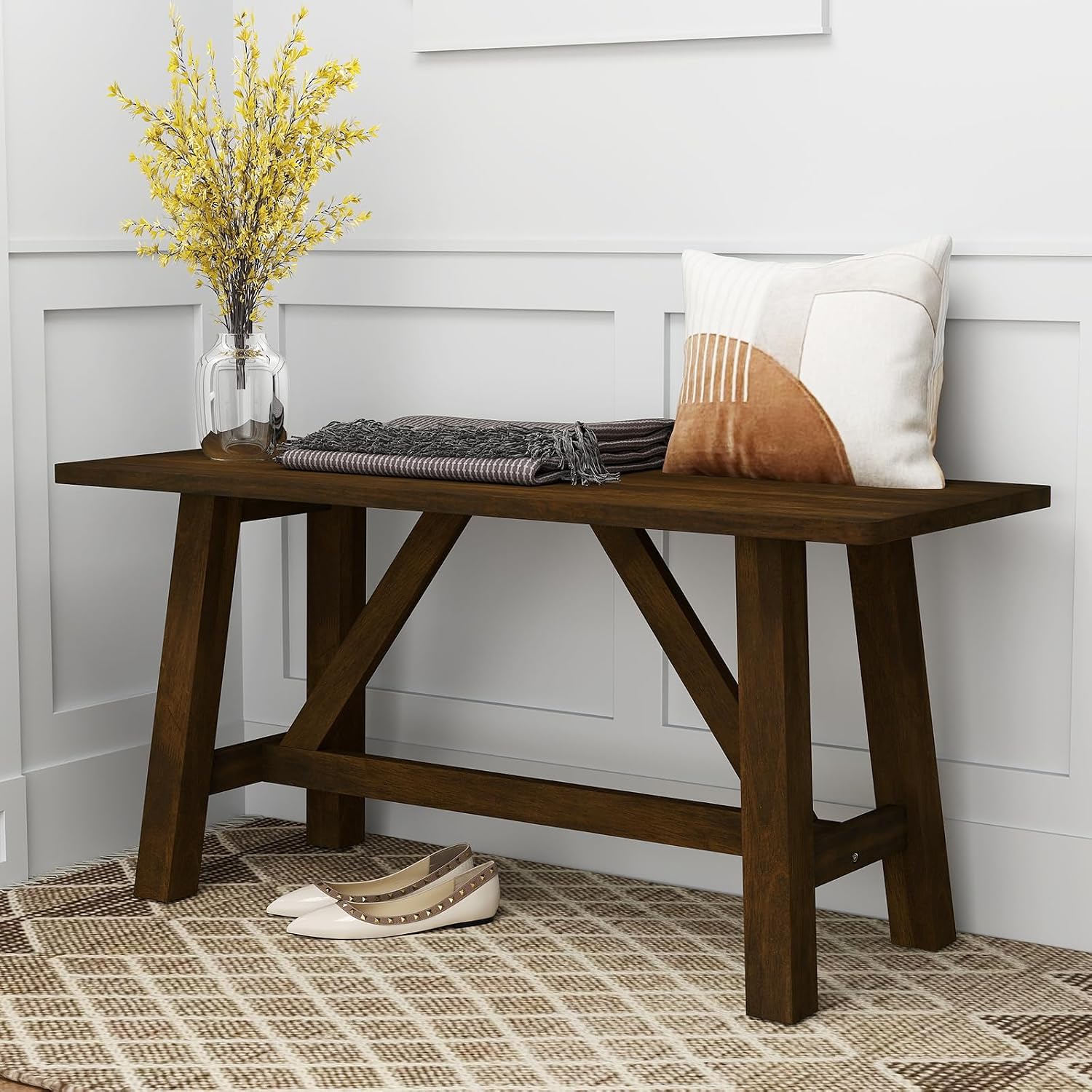 GOFLAME 38” Wood Dining Bench, Farmhouse Entryway Bench with Rubber Wood Frame, Shoe Changing Bench Seat, End of Bed Bench for Hallway, Kitchen, Dining Room, Bedroom, 400 LBS Weight Capacity