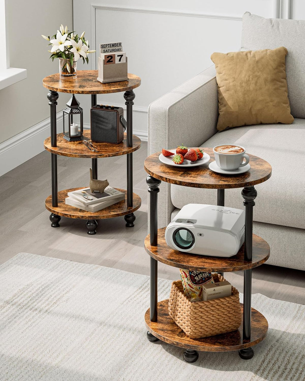 Small Round Side Table - 3 Tier Accent End Table for Narrow Spaces, Sturdy Metal Frame with Wood Finish and 44 Lbs Capacity per Shelf, Nightstand or Bedside Use for Living Room, Rustic Brown