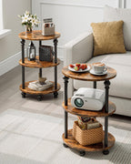 Small Round Side Table - 3 Tier Accent End Table for Narrow Spaces, Sturdy Metal Frame with Wood Finish and 44 Lbs Capacity per Shelf, Nightstand or Bedside Use for Living Room, Rustic Brown