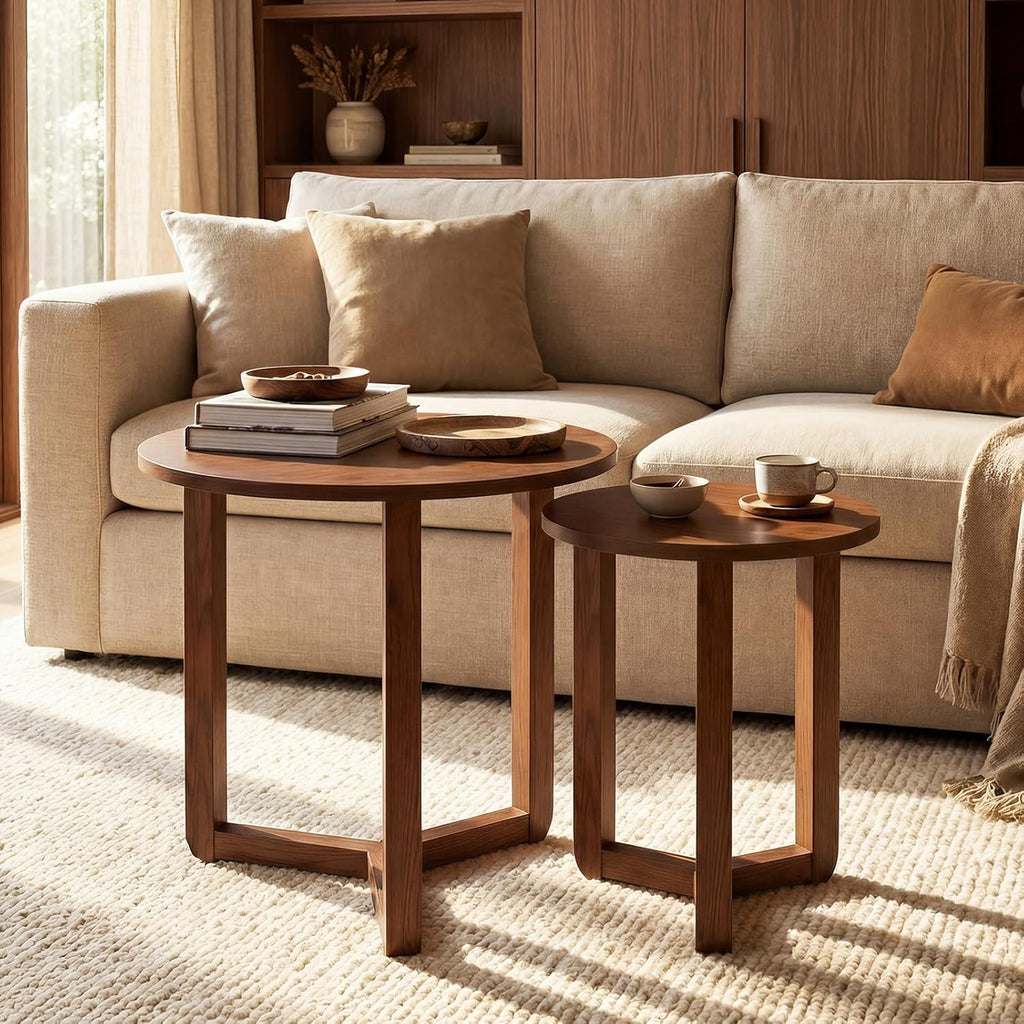 Giantex Round Nesting Coffee Table Set of 2, Wood Nesting End Tables with Thickened Top & Solid Rubber Wood Legs, Farmhouse Sofa Side Table for Small Spaces Living Room Bedroom (Walnut)